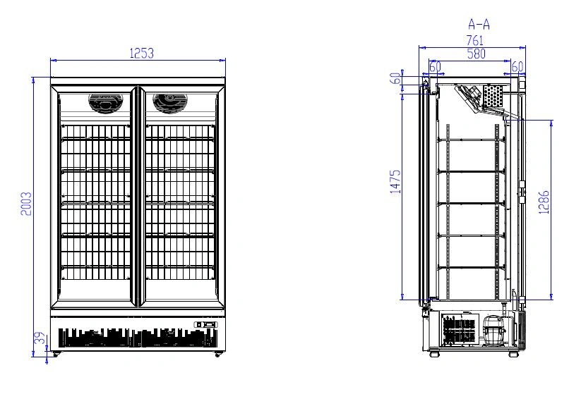 Congélateur 2 portes en verre 1000L avec roues