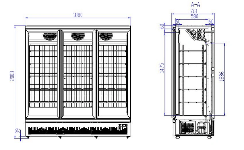Congélateur 3 portes en verre 1450L avec roues