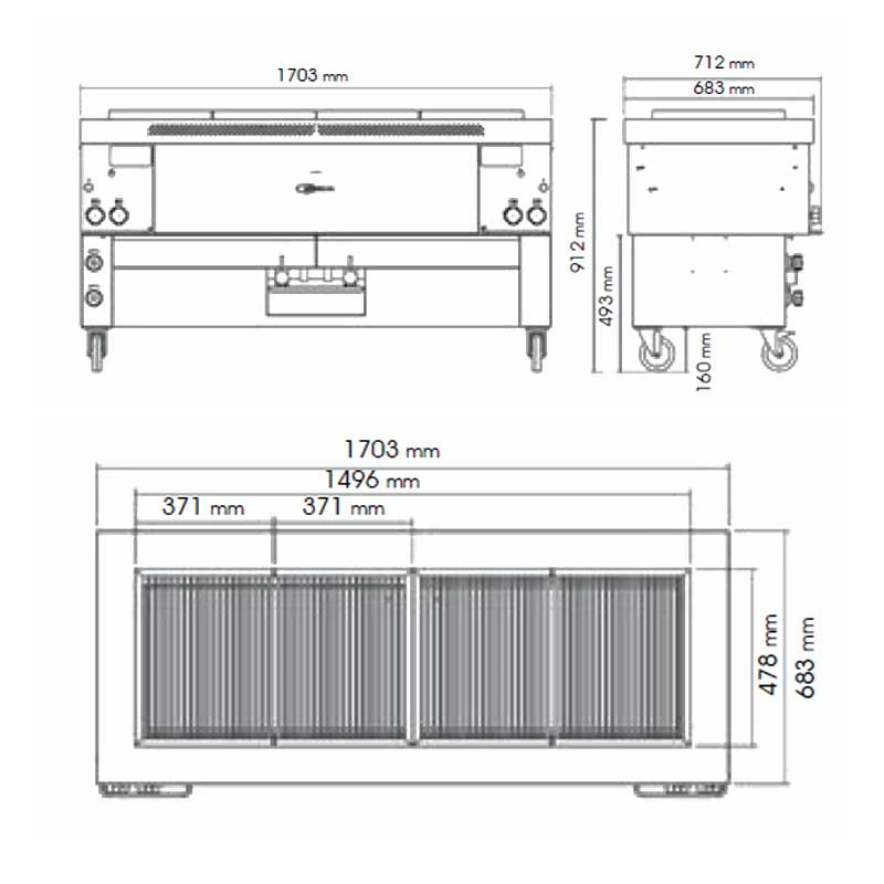 Gril professionnel à gaz inox triple module