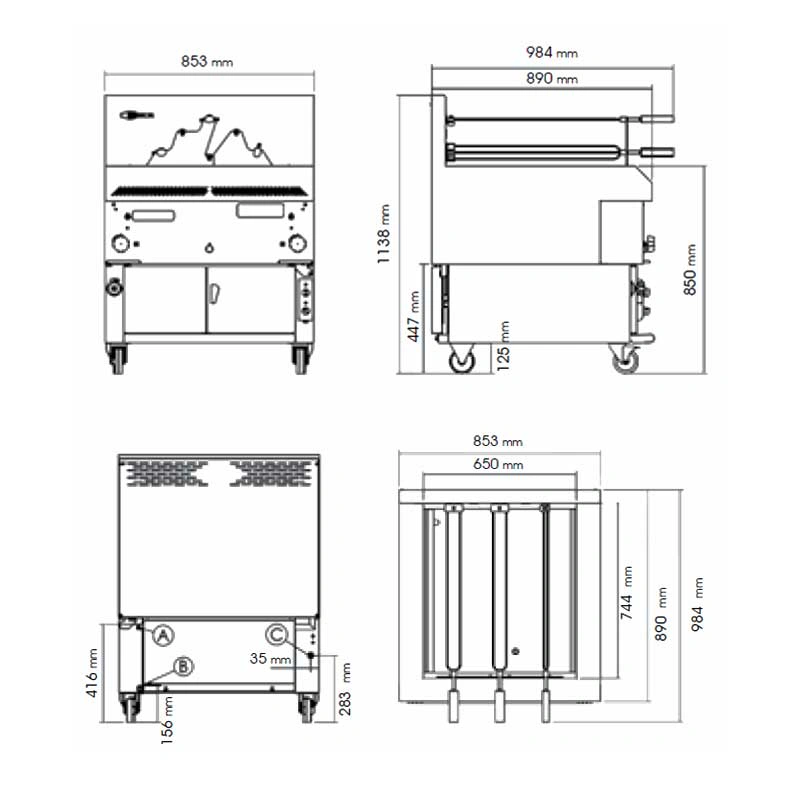 Gril rotatif à gaz inox six brochettes