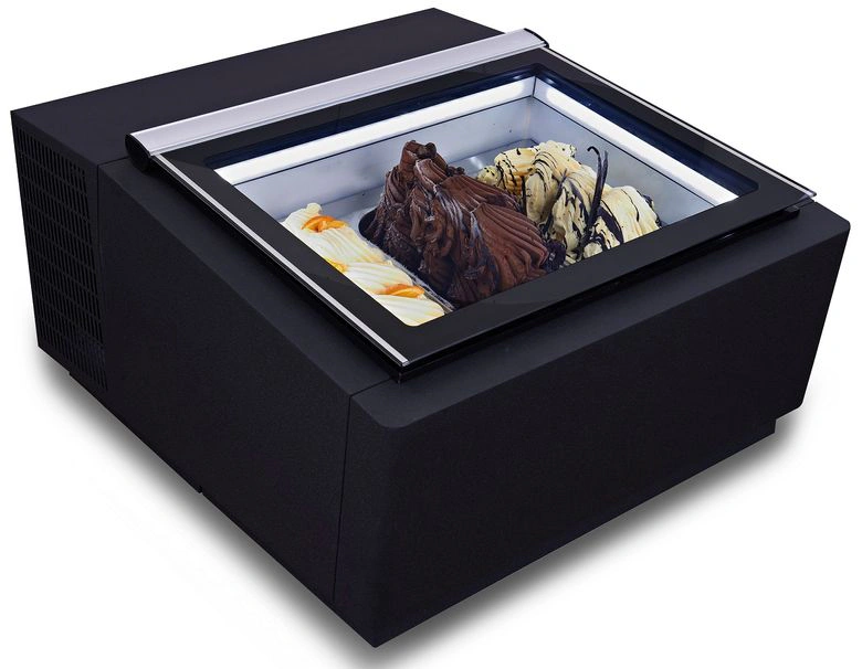 MODÈLE DE TABLE VITRINE À CREME GLACÉE NOIR S'OUVRE DU CÔTÉ CLIENT